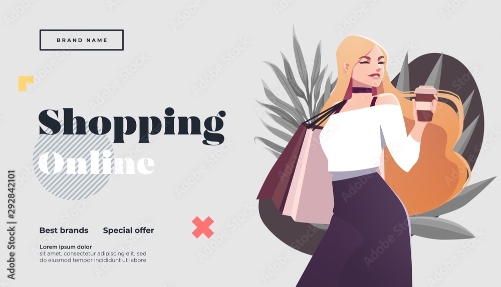 Obraz premium Online shopping landing page or banner template. Girl with shopping, packages. Flat Happy Female Character with Shopping Bags. Vector Illustration
