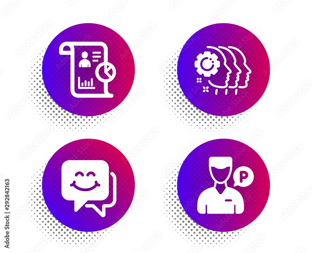 Employees teamwork, Smile face and Report icons simple set. Halftone dots button. Valet servant sign. Collaboration, Chat, Work statistics. Parking man. People set. Vector