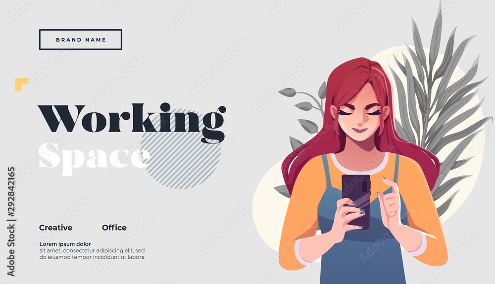 Working space Landing page template. Young female freelancer is sitting in modern hipster cafe at the table with take away coffee, mobile phone. Vector illustration