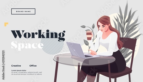 Working space Landing page template. Young female freelancer is sitting in modern hipster cafe at the table with take away coffee, mobile phone. Vector illustration