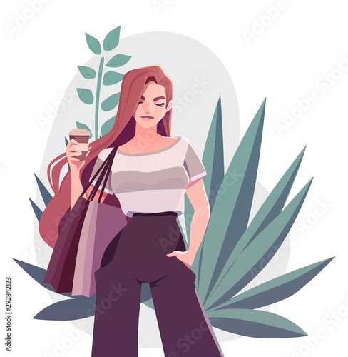 Beautiful Young Girl In Fashion Clothes With Shopping Bags And A Cup Of Coffee. Stylish Fashion Woman. Shopping Day Concept.