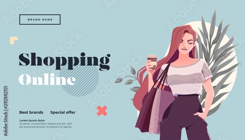Online shopping landing page or banner template. Girl with shopping, packages. Flat Happy Female Character with Shopping Bags. Vector Illustration