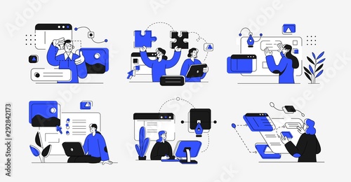 Collection of scenes at office. Bundle of men and women taking part in business meeting, negotiation, brainstorming, talking to each other. Outline vector illustration. Design And Development