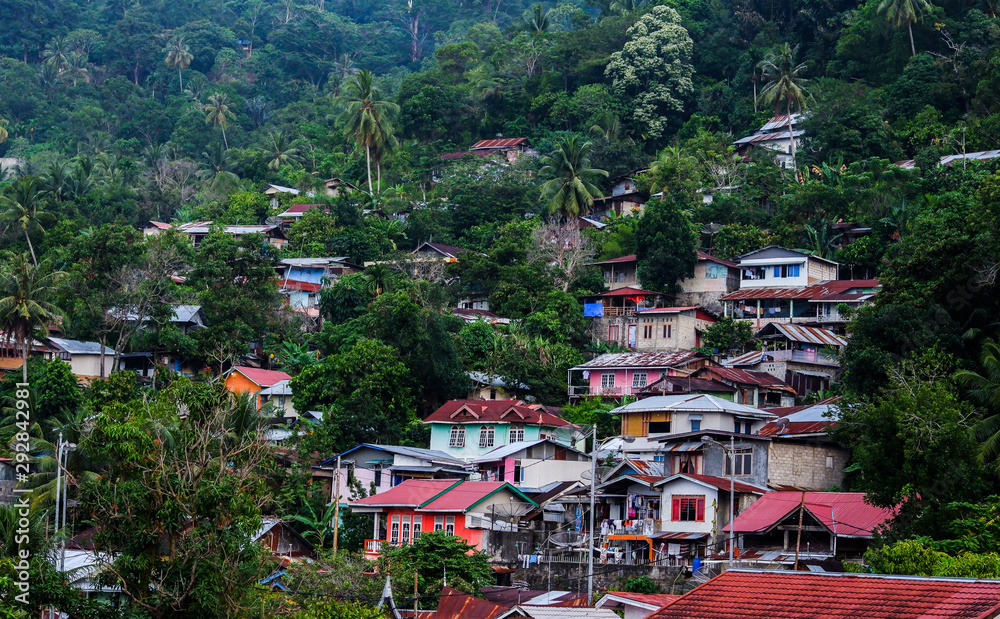 Traditional houses on a hill in the city of Padang - West Sumatra.