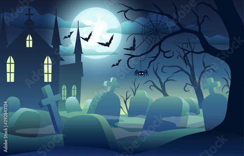 Halloween background with scary castle, pumpkins, bats and big moon