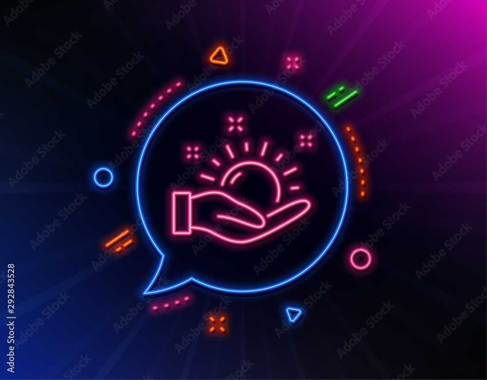 Sunny weather forecast line icon. Neon laser lights. Hold summer sun sign. Glow laser speech bubble. Neon lights chat bubble. Banner badge with sunny weather icon. Vector