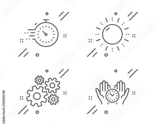 Sun energy, Cogwheel and Timer line icons set. Safe time sign. Solar power, Engineering tool, Deadline management. Management. Science set. Line sun energy outline icon. Vector