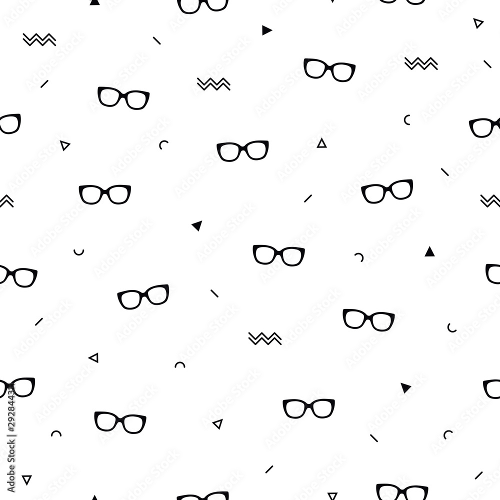 Glasses eyes seamless pattern on white background and geometric shapes in memphis style. Eyeglasses. Vector illustration. Fashion background in minimal design.