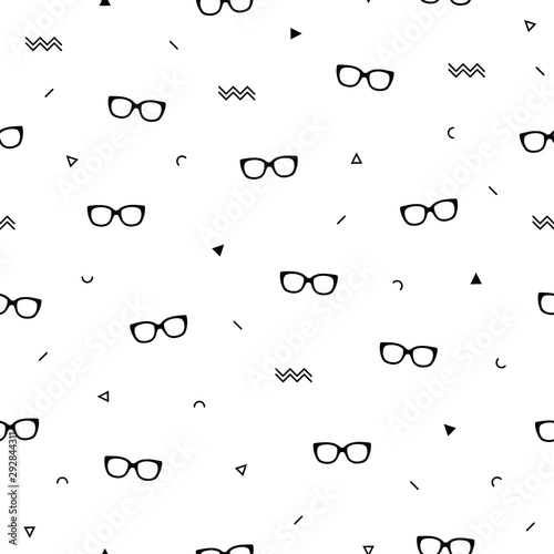 Glasses eyes seamless pattern on white background and geometric shapes in memphis style. Eyeglasses. Vector illustration. Fashion background in minimal design.