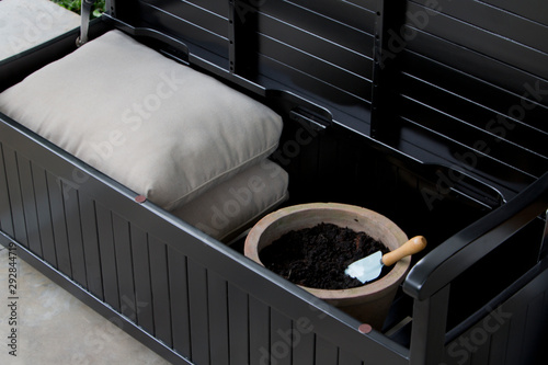 The detail of the storage bench in the backyard.