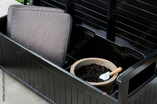 The detail of the storage bench in the backyard.