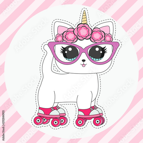 Happy cartoon cat unicorn doll with big eyes rollerskates.