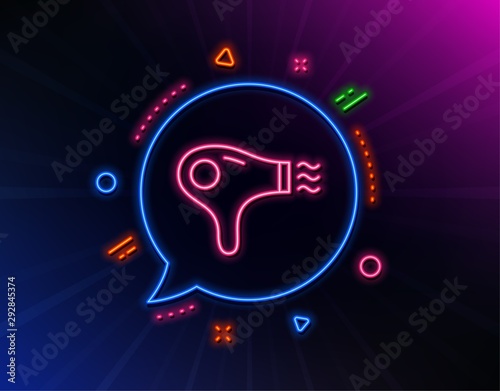 Hair dryer line icon. Neon laser lights. Hairdryer sign. Hotel service symbol. Glow laser speech bubble. Neon lights chat bubble. Banner badge with hair dryer icon. Vector