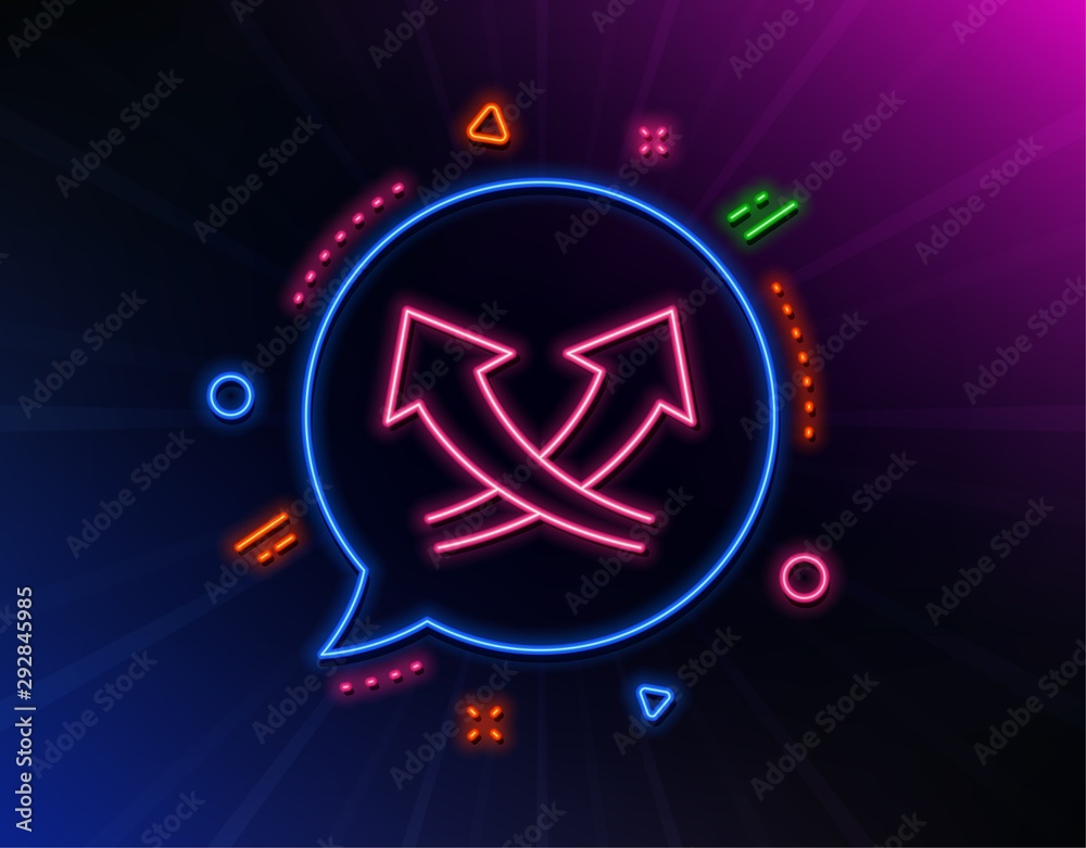 Intersection arrows line icon. Neon laser lights. Exchange and turn, cross sign. Glow laser speech bubble. Neon lights chat bubble. Banner badge with intersection arrows icon. Vector Intersection arrows line icon. Neon laser lights. Exchange and turn, cross sign. Glow laser speech bubble. Neon lights chat bubble. Banner badge with intersection arrows icon. Vector