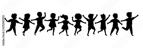 Black silhouette group of cartoon happy children girl and boy joyfully run. Cute diverse kids. Vector illustration