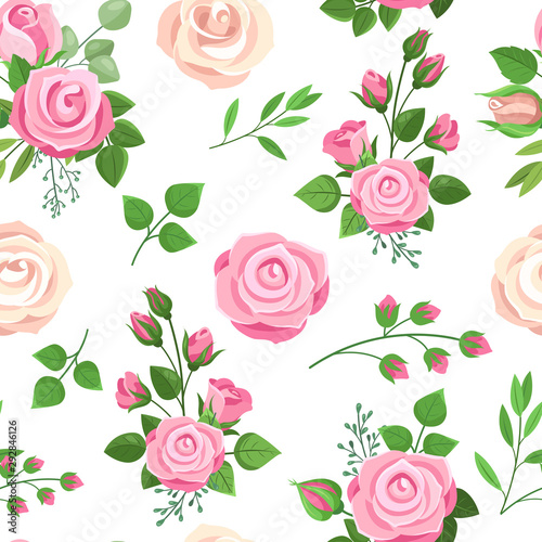 Roses seamless pattern. Red, white and pink roses with leaves. Wedding floral romantic decor for invitation cards. Vector texture bouquet floral rose pink, wedding romantic illustration