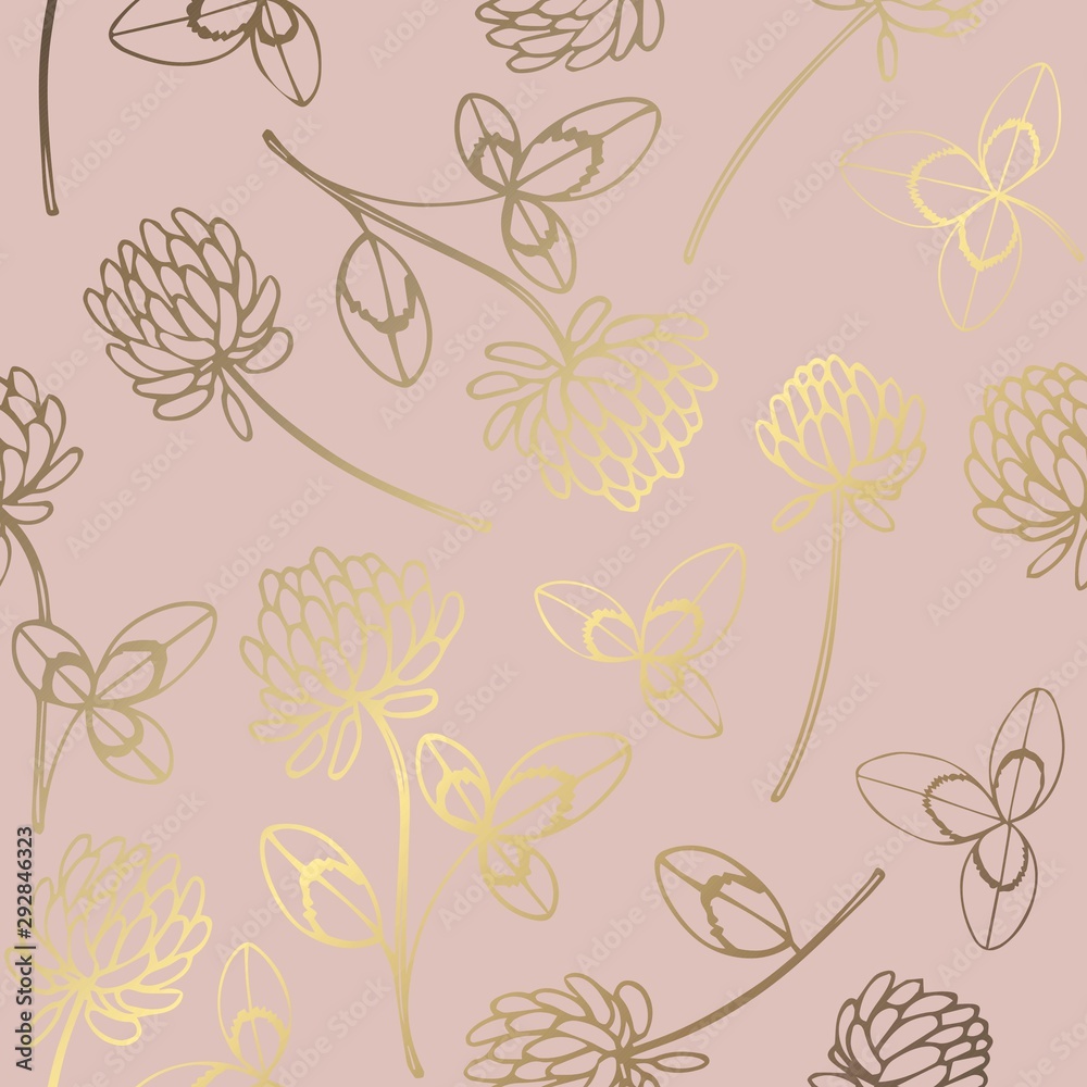 Clover. Rose gold. Elegant vector pattern with clover flowers