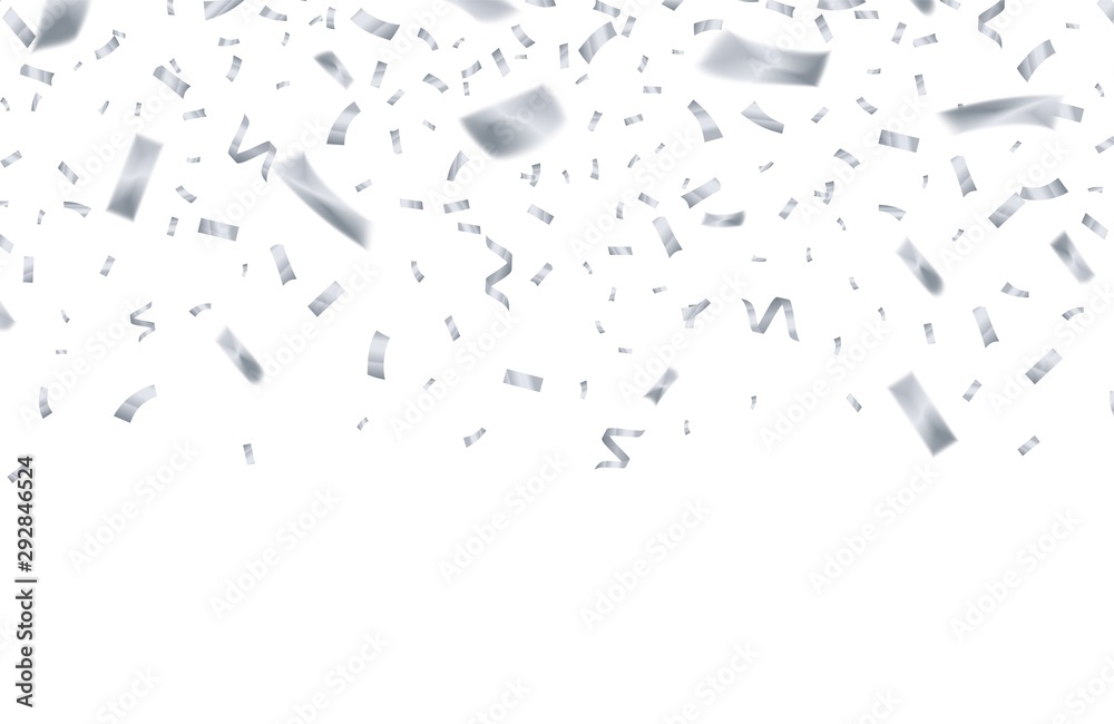 Obraz premium Silver confetti. Celebrate birthday flying silver ribbons. Party holiday decor isolated vector background. Sparkle silver tinsel, bright serpentine surprise confetti illustration
