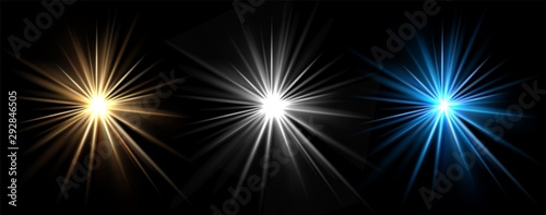 Light effects. Vector light stars. Glow bursts isolated on black background. Illustration flash light effect, blue and white