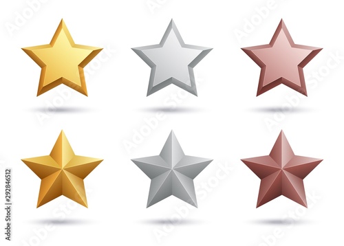 Realistic stars. Gold silver bronze stars isolated on white background. 3D vector metal elements. Illustration silver and gold star, bronze award