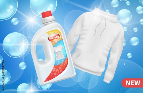 Laundry detergent advertising. Realistic bottle detergent. Washing clothes vector poster with white hoodie. Detergent laundry advertising, ad packaging bottle illustration