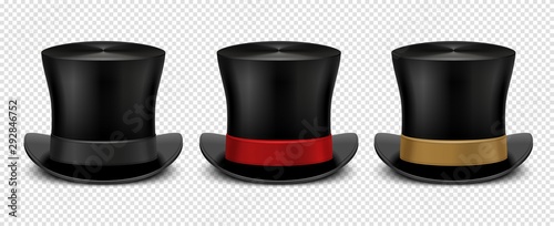 Realistic top hat. Magic hat vector. Vintage black gentleman headwears isolated on transparent background. Illustration top hat, cylinder magic for entertainment