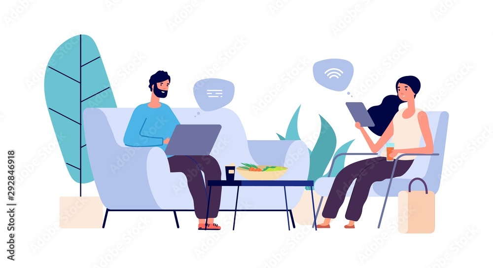 Chatting couple. Persons in online conversations. Modern family evening time. Man and woman with gadgets vector illustration. Online conversation communication, woman and man with gadgets