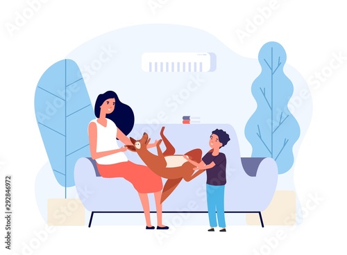 People with pets. Happy persons with their dog. Owner playing puppy vector illustration. Mother son dog in living room. Cheerful friend with dog hugging