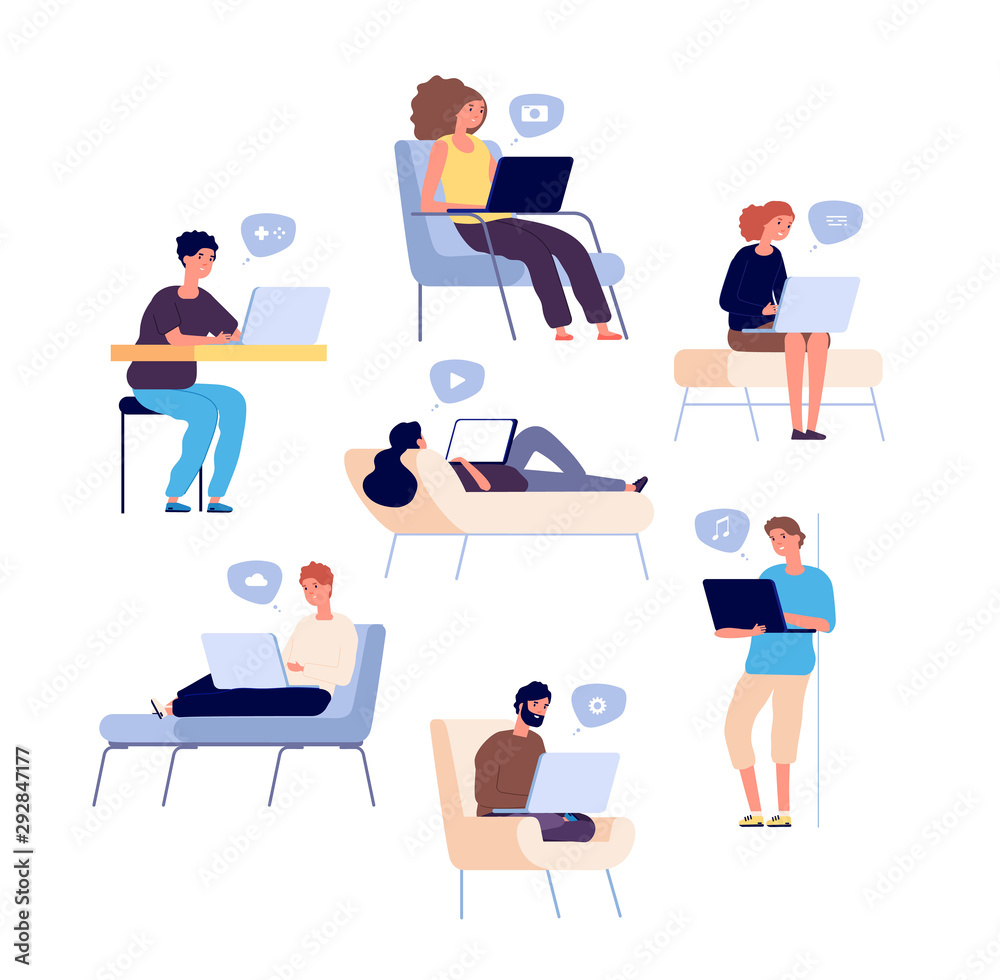 People surfing internet. Persons spend time online with laptop, computer and check email and social media, listen music. Vector set. Social media online, people surfing use device illustration People surfing internet. Persons spend time online with laptop, computer and check email and social media, listen music. Vector set. Social media online, people surfing use device illustration