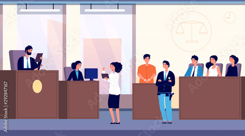 Courtroom. Judge, lawyer and criminal with police officer take part in jury trial. Justice and law vector concept. Illustration justice, judge and lawyer, jury in courtroom