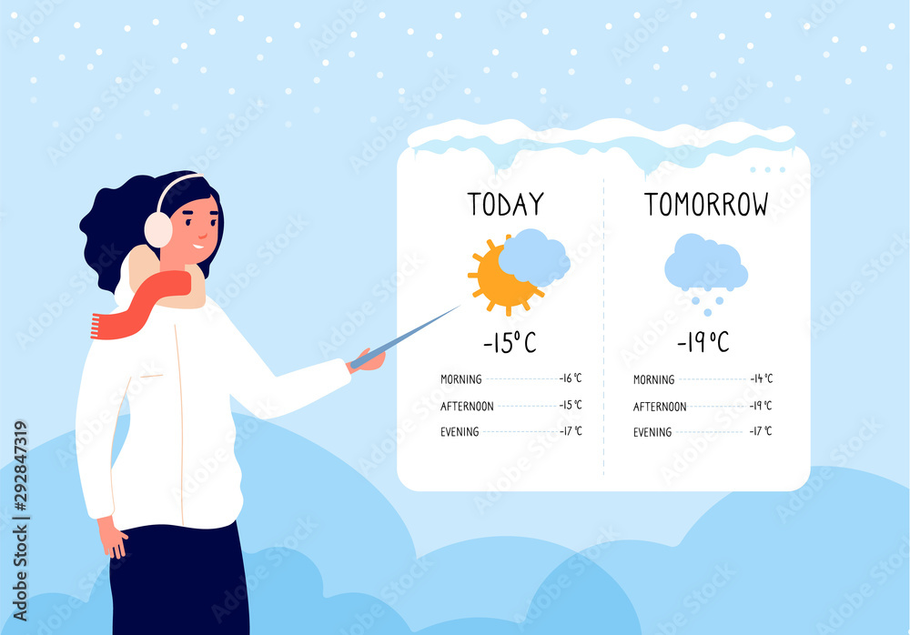Winter weather forecast. Woman forecasting sunny and snowy day in tv news vector concept. Illustration forecast weather, woman show meteorology banner - obrazy, fototapety, plakaty 