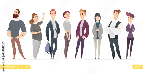 Collection of charming young entrepreneurs or businessmen and managers. Business people standing togever. Modern cartoon style