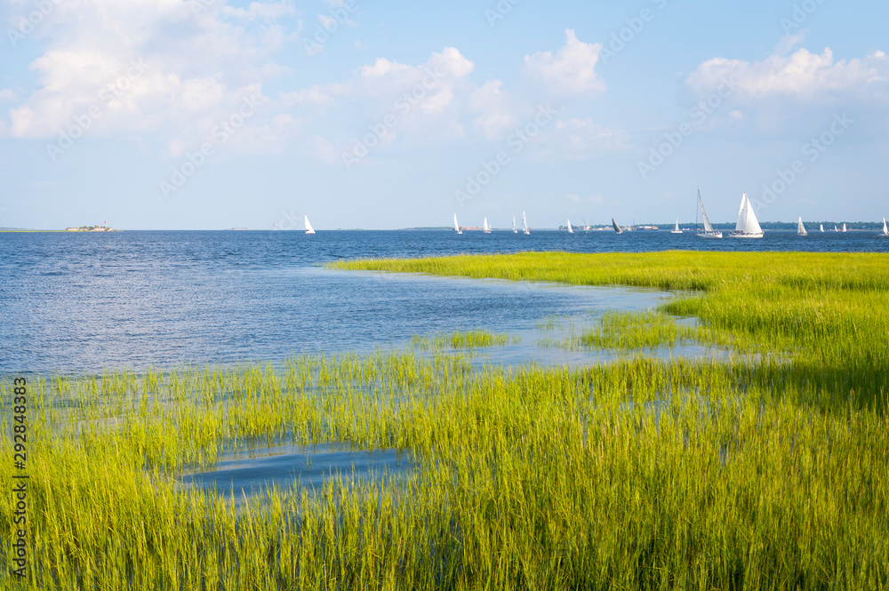 Fototapeta premium Malowniczy letni widok żaglówek przecinających błękitne wody pływowej rzeki Cooper wpadającej do portu otoczonego zielonymi trawami bagiennymi w Lowcountry w Charleston w Południowej Karolinie, USA