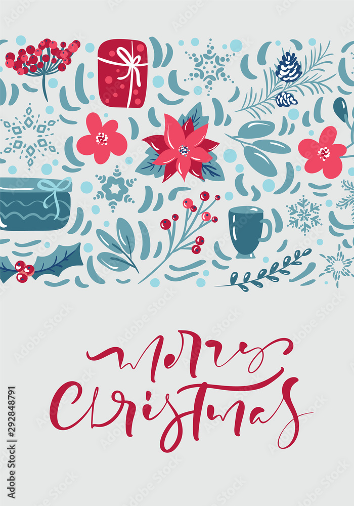 Fototapeta premium Merry Christmas calligraphic lettering hand written text. Greeting card design with floral decoration. Modern winter season postcard, brochure, wall art design
