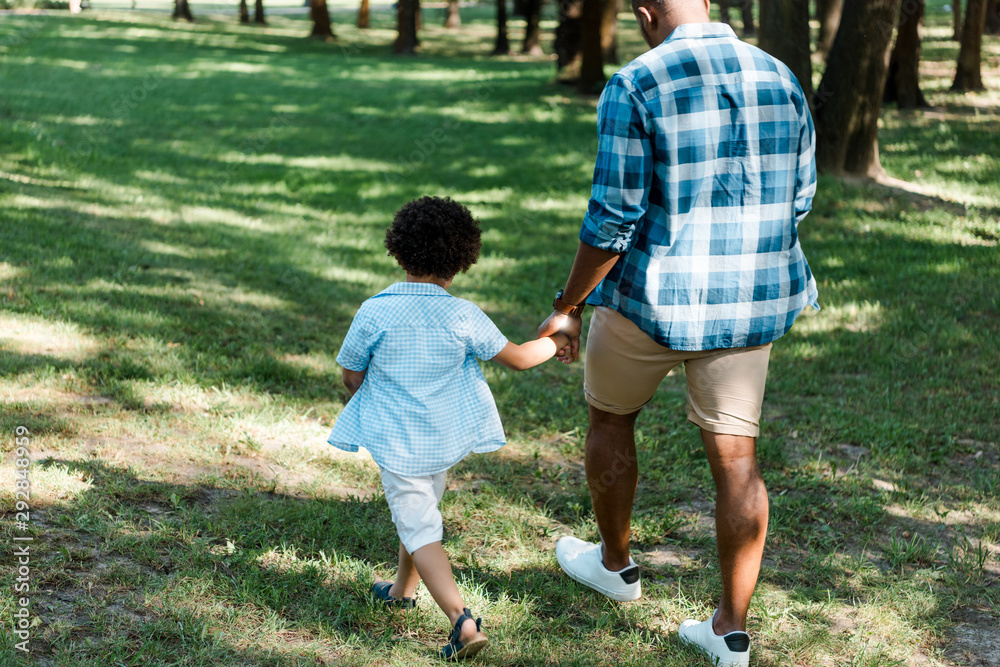 back view of african american father and son walking and holding hands ...
