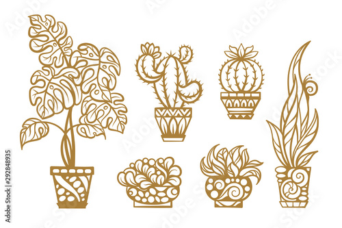 Vector housplants set. Stylezed potted plants for temporary tattoos, t-shirt prints, stamps or stickers collection.