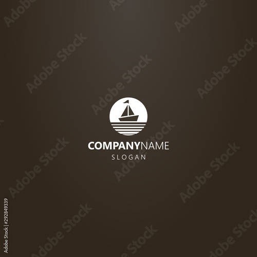 white logo on a black background. vector minimalistic negative space round logo of a sailing ship with a flag 