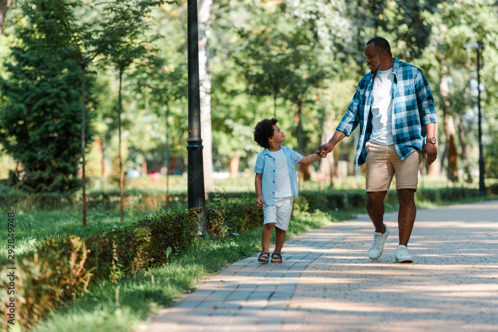 happy african american kid holding hands with handsome father while walking in park happy african american kid holding hands with handsome father while walking in park