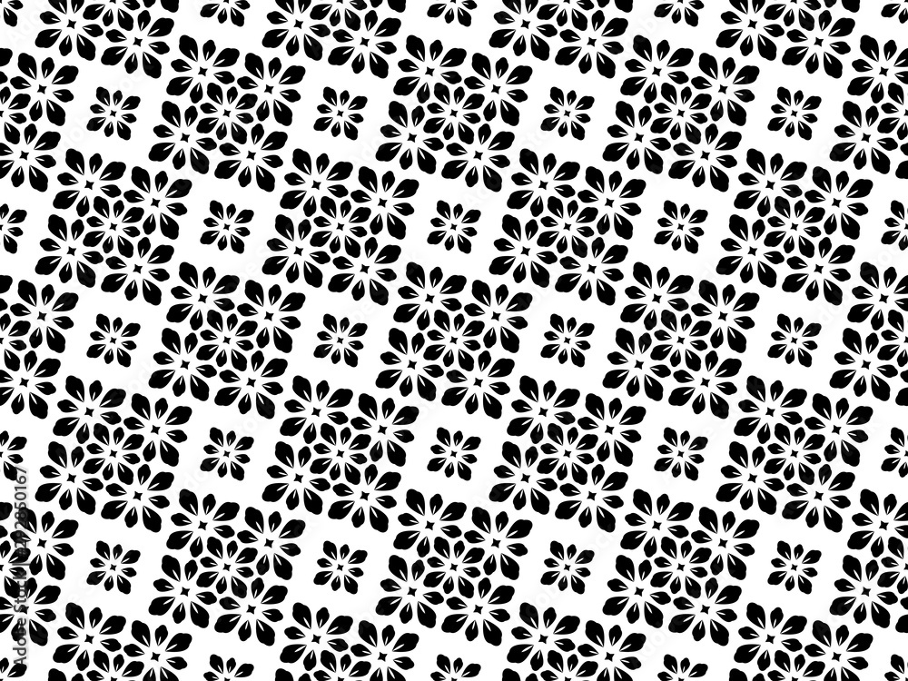 Flower geometric pattern. Seamless vector background. White and black ornament. Ornament for fabric, wallpaper, packaging. Decorative print Flower geometric pattern. Seamless vector background. White and black ornament. Ornament for fabric, wallpaper, packaging. Decorative print