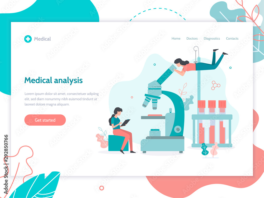 Blood test in the lab. Medical analysis concept with tiny people. Web banner design template. Flat vector illustration.