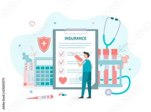 Man fills out health insurance. Health insurance concept with tiny people. Flat vector illustration.