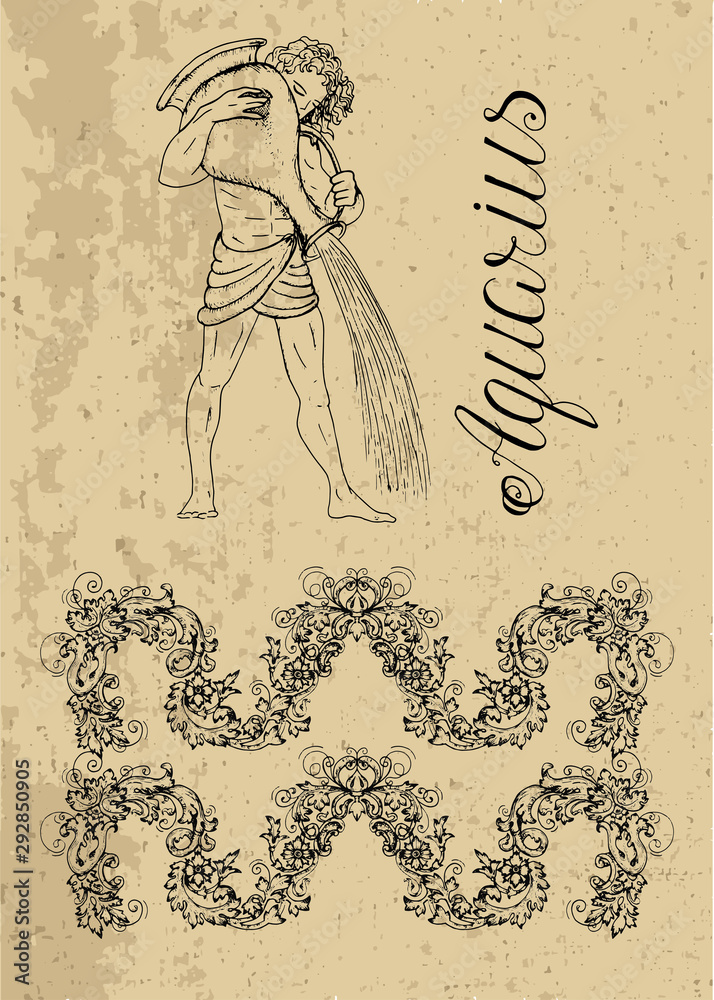Fototapeta premium Aquarius Zodiac Sign and fantasy mascot on texture. Collection of characters and astrological symbols in victorian style. Vector line art illustration for Horoscope, Esoteric and Mystic design