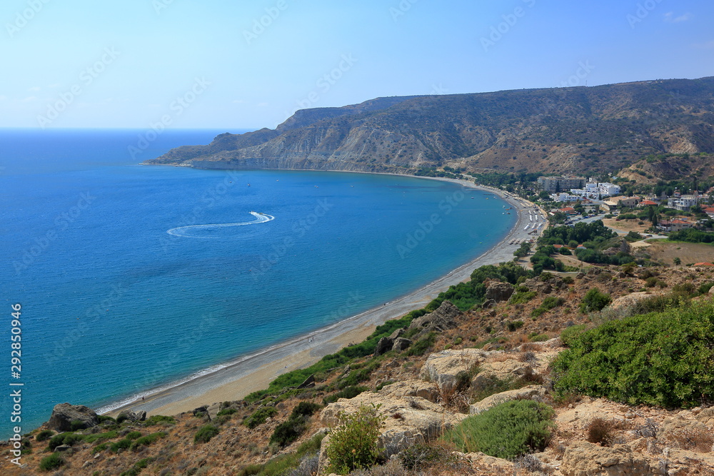 view of the island in mediterranean sea, pissouri beach / bay in Cyprus, panoramic view from hill around