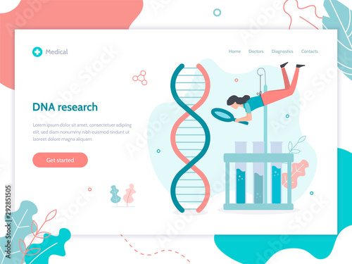 DNA research concept with tiny girl. Web page design template. Flat vector illustration.
