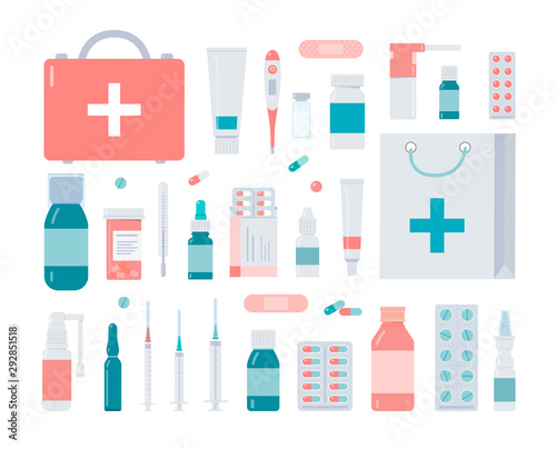 Collection of medicine bottles  sprays  tablets and capsules  drops and ointments. Medical elements for pharmacy or drug store isolated on white background. Flat vector illustration.