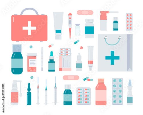 Collection of medicine bottles, sprays, tablets and capsules, drops and ointments. Medical elements for pharmacy or drug store isolated on white background. Flat vector illustration.
