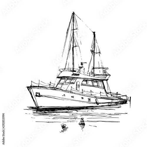 Sailboat, sailing yacht, ship, boat in the sea. Hand drawn line art sketch. Black and white doodle vector illustration, design for coloring book page