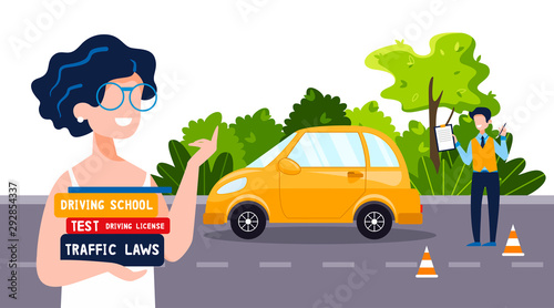 A driving instructor teaches a happy woman who holds driving textbooks. Driving school concept, driver's license, traffic rules and tests. Vector flat illustration. Natural landscape in the background