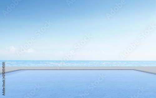 View of the blue pool and wood terrace on sea view background. 3D rendering