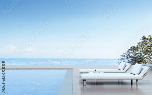 View of daybed with side table and wood terrace on sea view background Blue pool. 3D rendering
